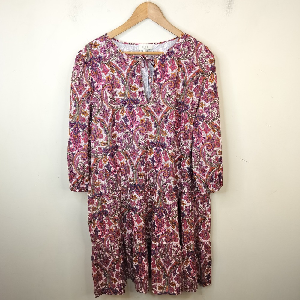 LOFT Paisley Tiered Dress XL Tassel Tie 3/4 Sleeve Boho Pink